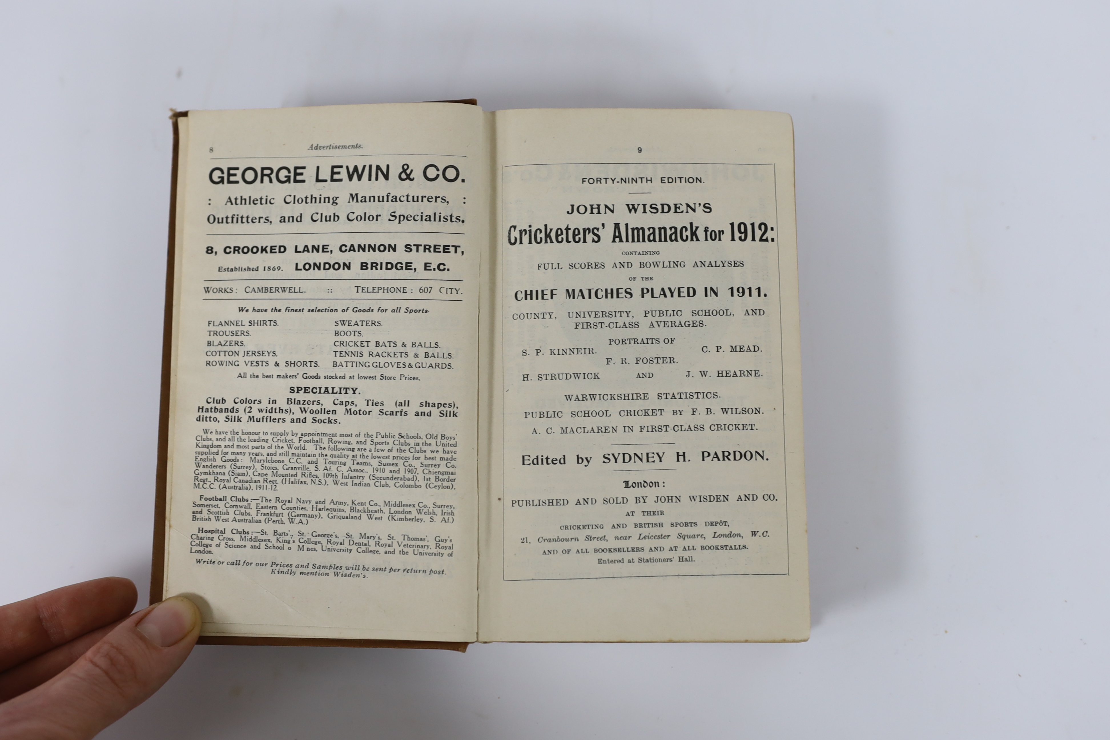 Wisden - John Wisden’s Cricketer’s Almanack for 1912, edited by Sydney H. Pardon, forty-ninth edition, 8vo, with tipped-in portraits of members of the M.C.C’s team in Australia, advertisements at beginning and end, origi